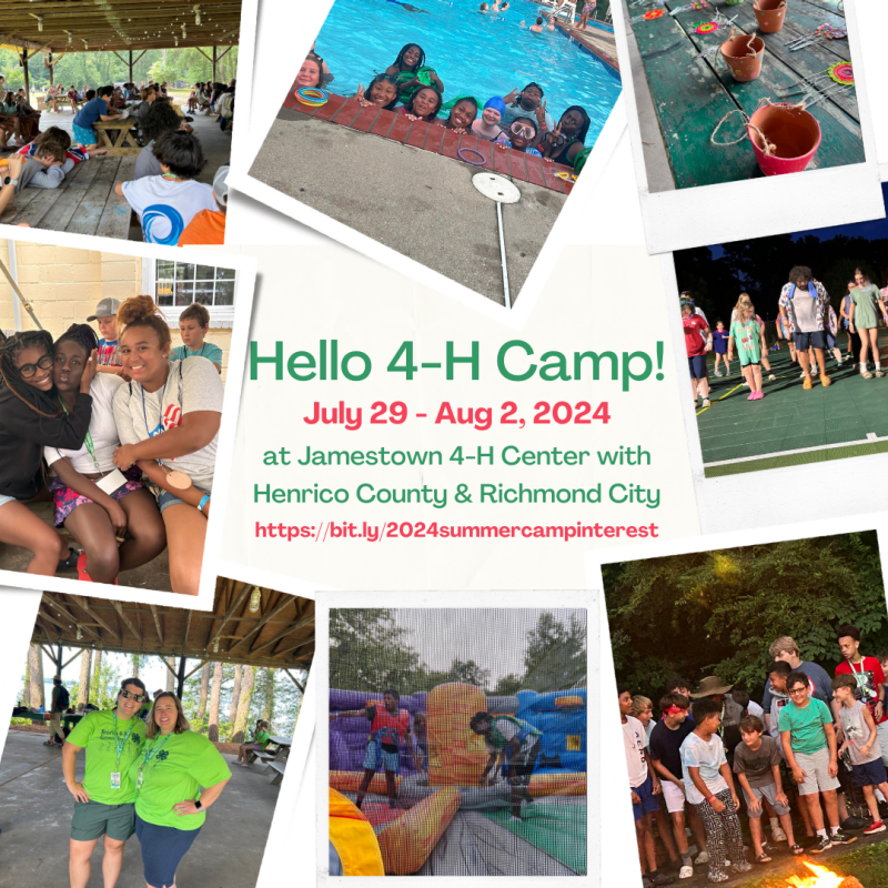 4-h summer camp - save the date graphic, photos from 4-h summer camp, campers doing activites
